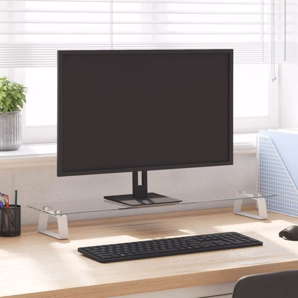 vidaXL Supporto per Monitor in Vetro Temperato e Metallo, Bianco e Trasparente, L 80 x P 20 x H 8 cm