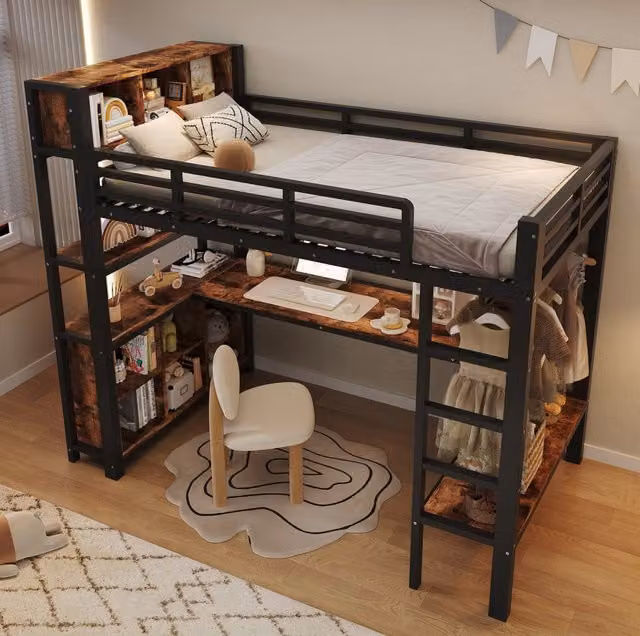 Letto a soppalco 90×200 cm nero con scrivania, appendiabiti e ripiani
