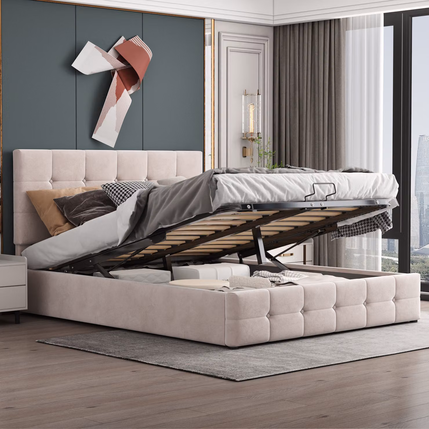 Letto Merax a molle idrauliche 140x200cm con rete e testata regolabile in altezza, letto imbottito con rete a doghe metalliche e contenitore, letto matrimoniale in velluto con contenitore, letto funzionale, bianco crema