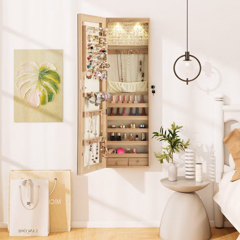 Armadio portagioie Costway in legno con specchio e LED interno, colore marrone naturale, L: 35,5 cm, P: 10 cm, H: 120 cm