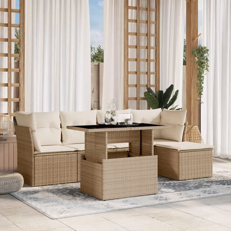 vidaXL Set Divano da Giardino 6 pz a Forma a L in Polyrattan Beige con Cuscini e Tavolino