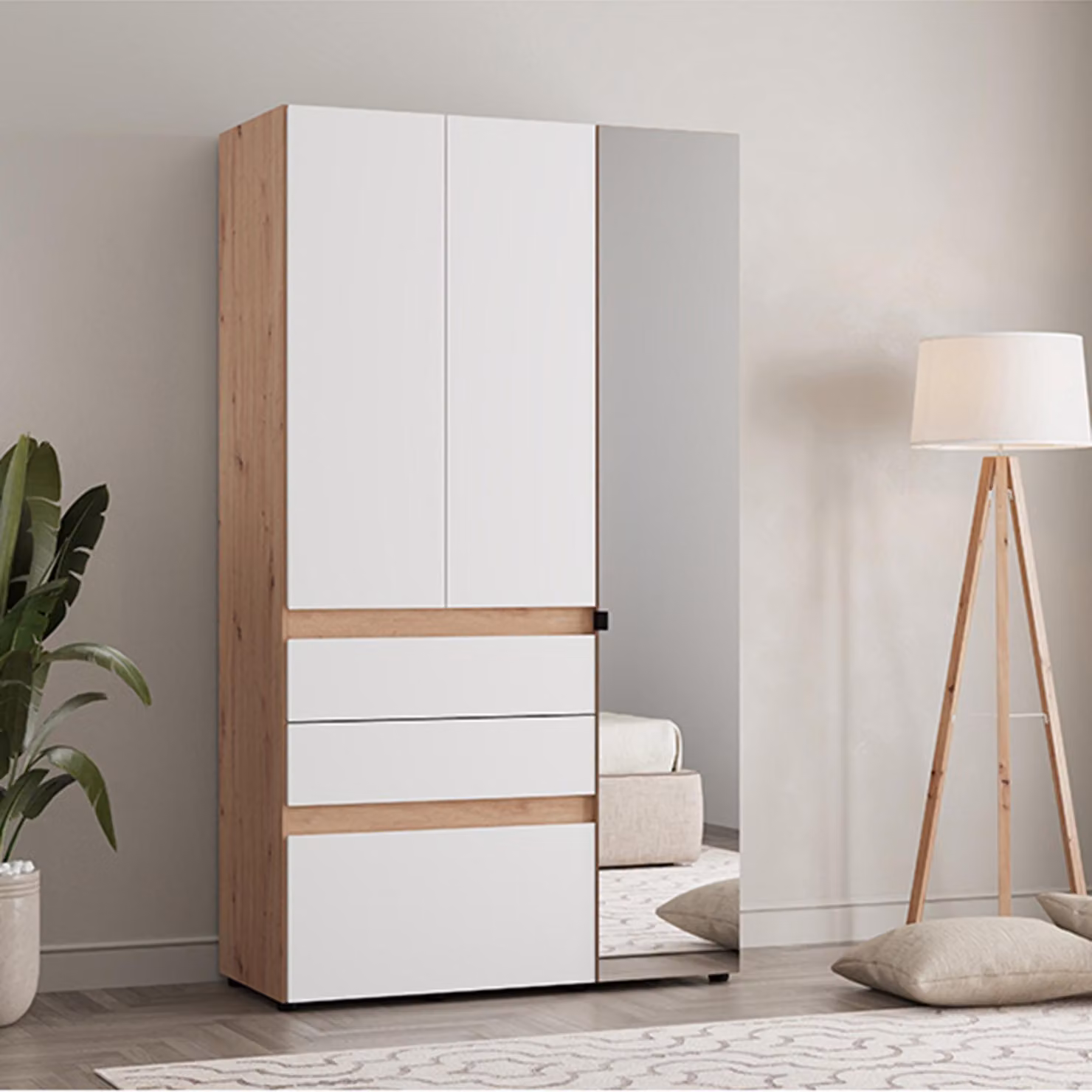 Zuccare - Guardaroba 3 Ante, 117x52 cm Bianco Opaco, Appendiabiti