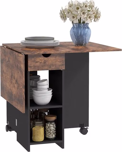 Tavolo da cucina pieghevole Minimal con ruote e cassetto, Marrone e Nero, L: 120 cm, P: 72 cm, H: 75 cm