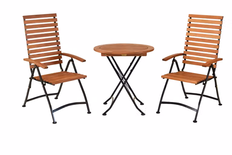 Set da balcone Merxx Schlossgarten 3 pezzi, 2 sedie pieghevoli, tavolo pieghevole Ø 70 cm, acciaio piatto con eucalipto