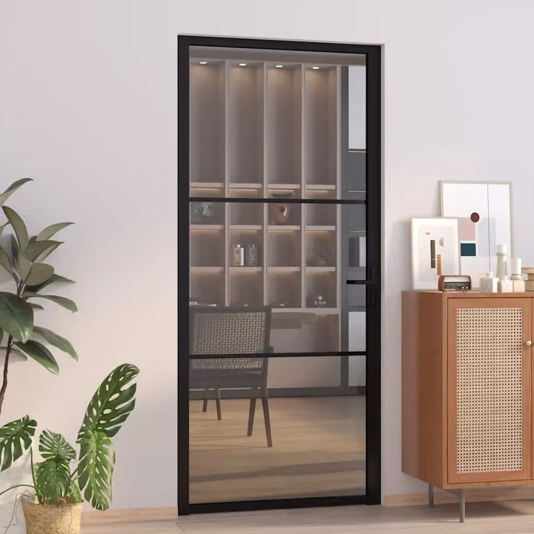 Porta interna moderna vidaXL in vetro trasparente e alluminio, colore nero, L: 93 cm, H: 201,5 cm