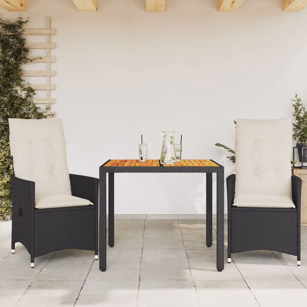 Set da Bistrò vidaXL 3 pz in Polyrattan Nero e Legno di Acacia con Cuscini Beige – 1
