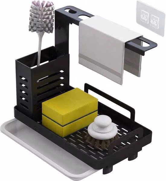 Organizzatore per la cucina con portaspugna, accessori per il lavello, portaspazzola, organizer per il sifone, senza foratura, con sifone e portasciugamani (nero)