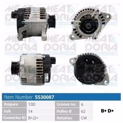 MEAT & DORIA 5530087 Alternatore 100 A 14 V per FIAT PUNTO (176), Strada Pickup (178), Scudo Furgone (220), Scudo Station Wagon (220), PALIO