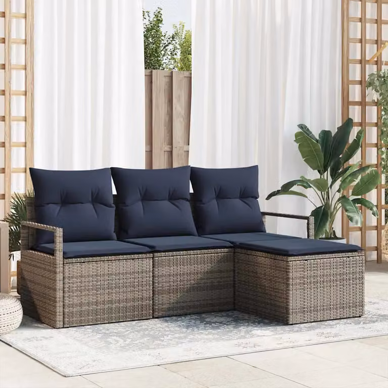 Set di divani da giardino vidaXL in rattan e metallo con cuscini, colore grigio e blu