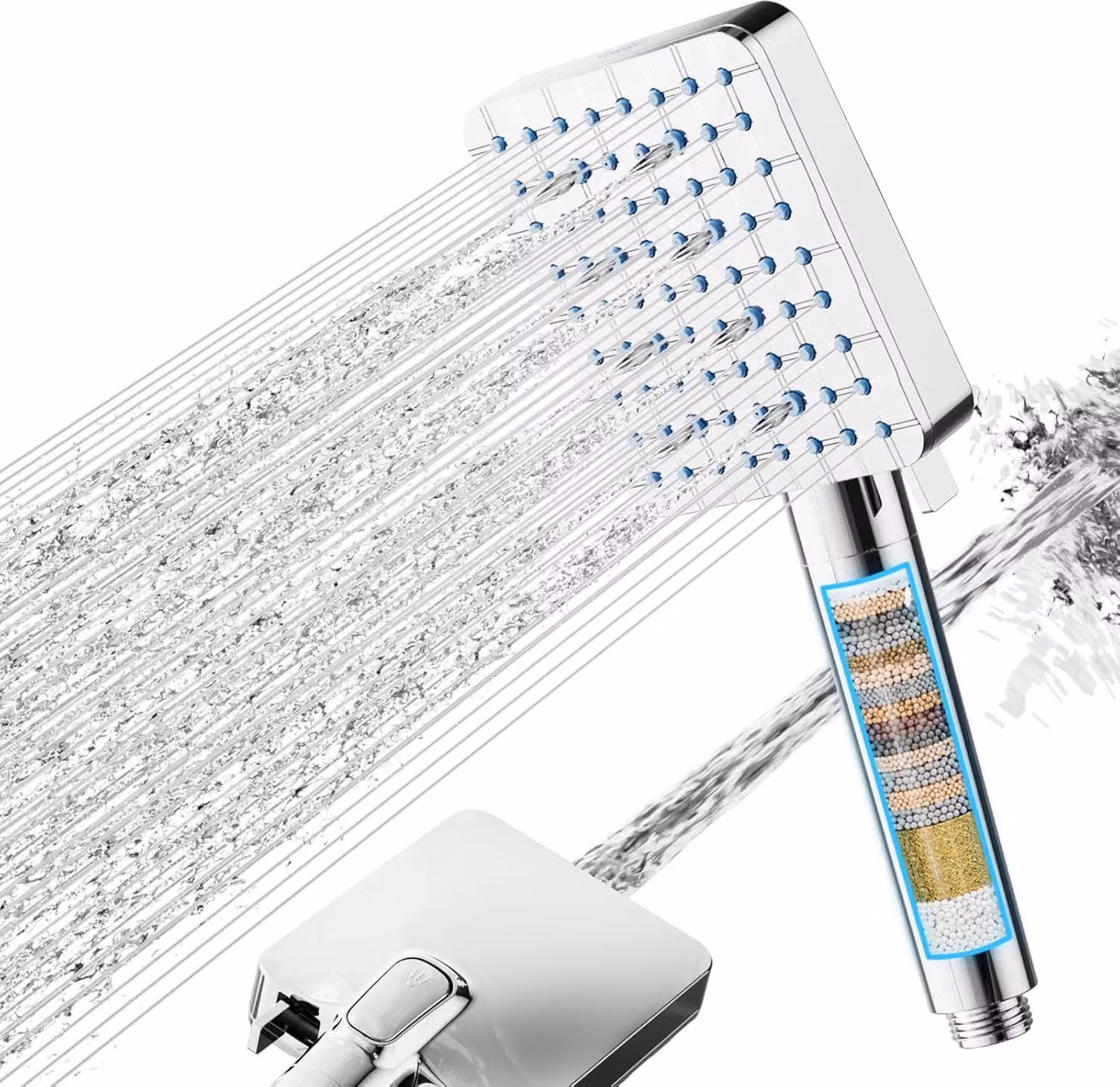 Set doccia, filtro a 20 stadi, cromato, 6+1 tipi di getto, risparmio idrico, per bagno