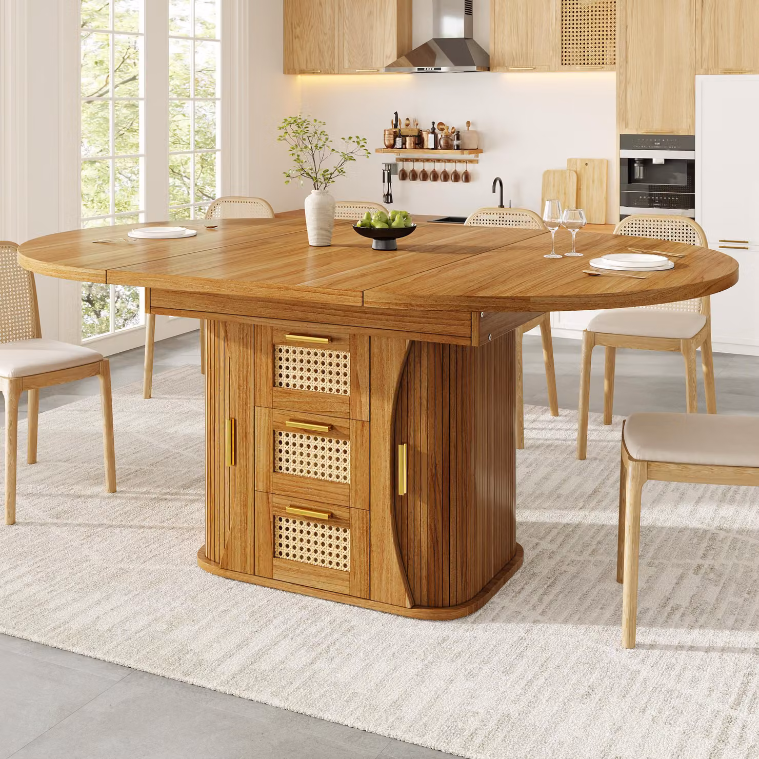 Tavolo da pranzo allungabile Flieks con vano portaoggetti integrato e finitura effetto rattan, tavolo da cucina, tavolo da pranzo 118-158 x 118 x 77,1 cm, color rovere