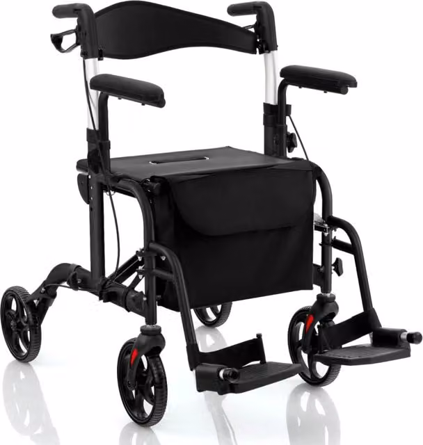 Deambulatore 2-in-1 con ausilio per camminare pieghevole e sedile grande, Deambulatore porta ombrello e borsa per persone con disabilit¨¤ Nero