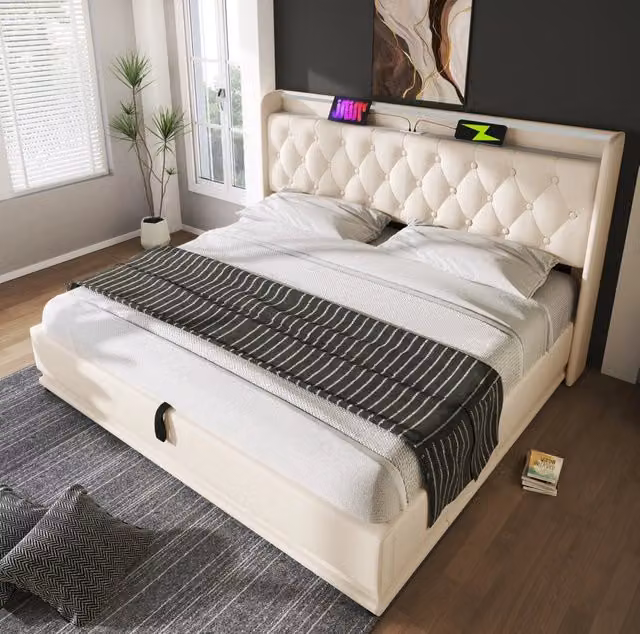 Letto matrimoniale 140x200 cm in PU bianco con contenitore idraulico; LED e USB-C