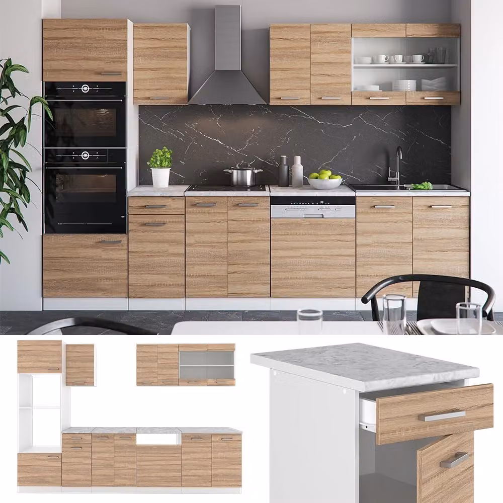 Cucina componibile moderna Vicco R-Line Sonoma e Bianco con armadio alto e piano antracite L: 300 cm – 2