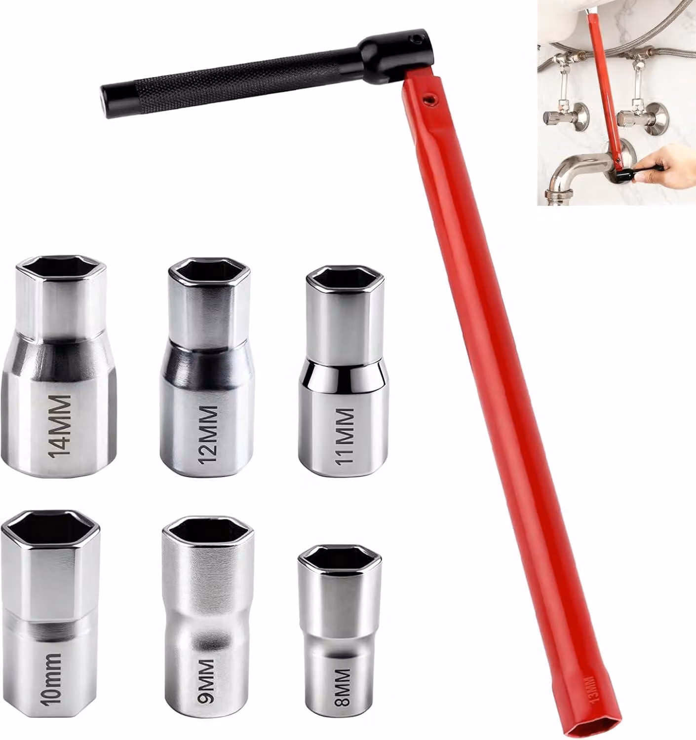 Set di 7 chiavi a tubo per bulloni e dadi, adatte per bulloni da 8-14 mm e dadi da 14 mm, utensile per idraulica, ideale per cucina e bagno