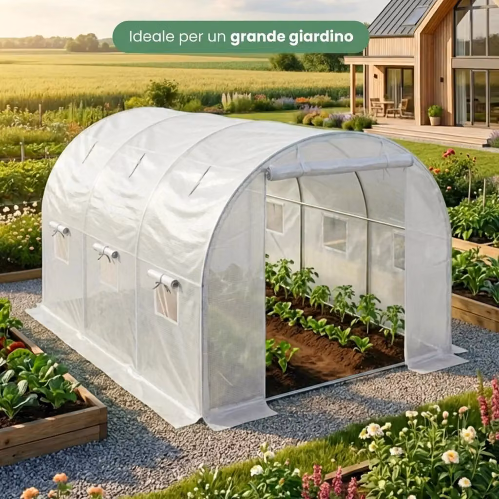 Serra da giardino a tunnel AKORD Furniture Factory in metallo e PE con pareti arrotolabili, 1 porta e 6 finestre, Bianca, L: 300 cm, P: 200 cm, H: 200 cm – 2