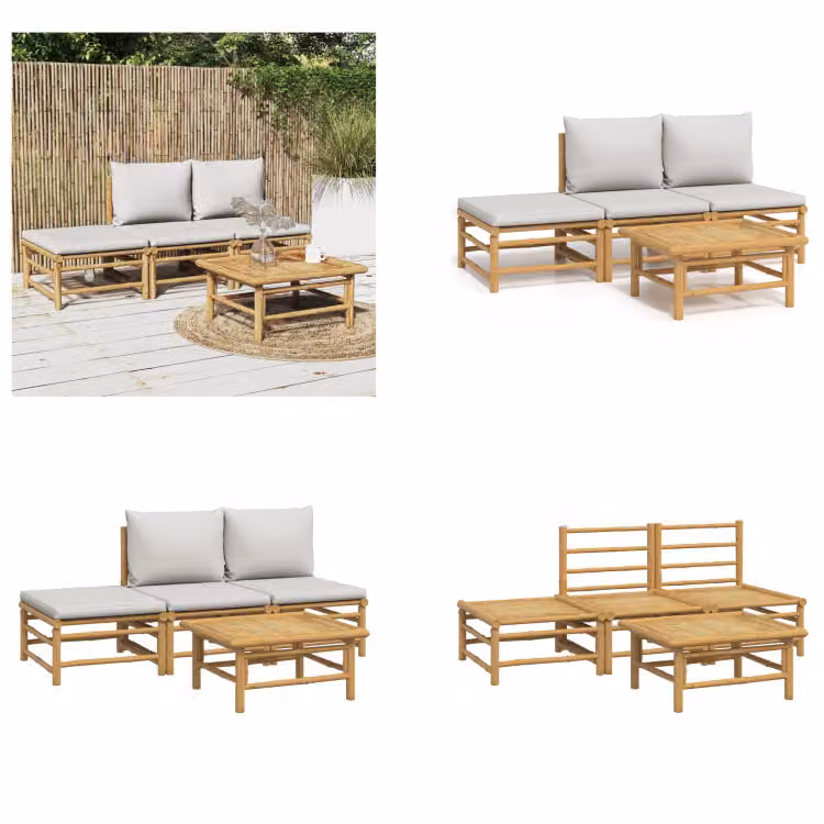 vidaXL set salotto da giardino 4 pezzi con cuscini grigio chiaro bambù - Set salotto da giardino - Set salotto da giardino - Set salotto - Set arredo giardino