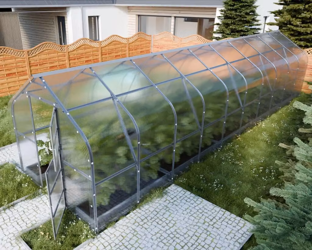 Serra da giardino KLASIKA DROP con rivestimento in policarbonato trasparente, L: 10 m, P: 2,5 m – 2