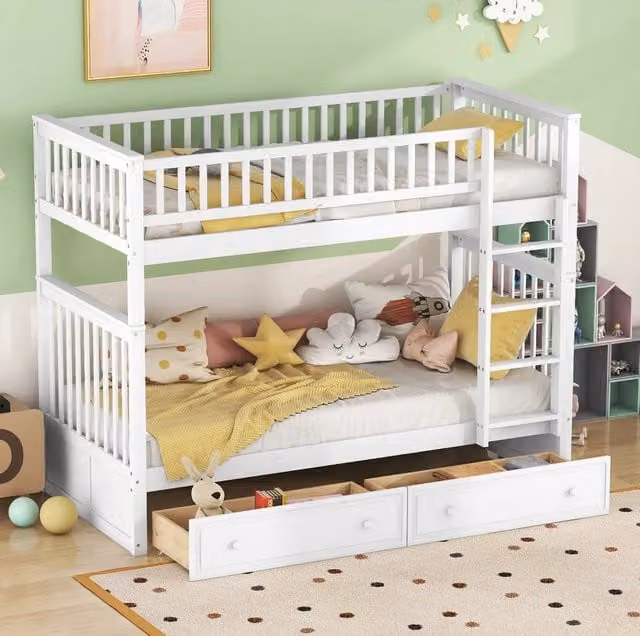 Letto a castello 90x200 cm convertibile in due letti; con 2 cassetti; pino; bianco