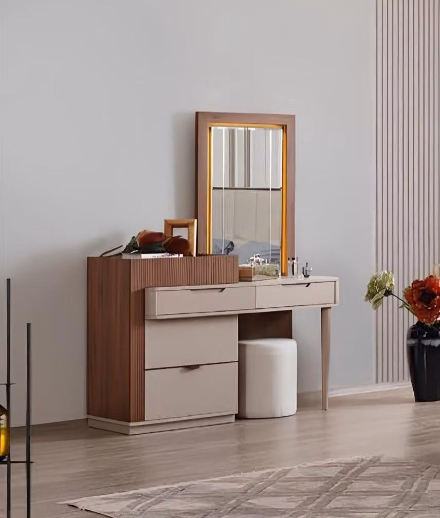 Beige-Braune Schlafzimmer Kommode Designer Schminktisch Mit Spiegel 2tlg