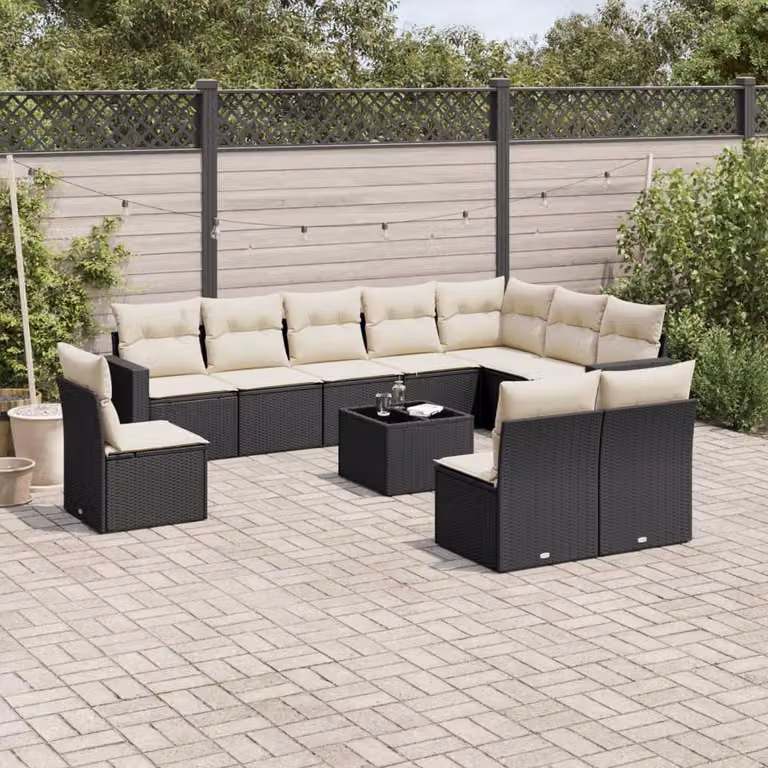 vidaXL Set Divani da Giardino 11 pz in Polyrattan Nero con Cuscini e Tavolino da Esterno a Forma di L