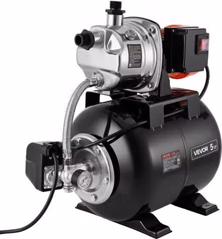 Pompa per pozzi poco profondi VEVOR da 735 W con serbatoio a pressione da 19 litri, sistema di sovralimentazione, portata massima 3750 L/h e testa in acciaio inox 304, colore nero