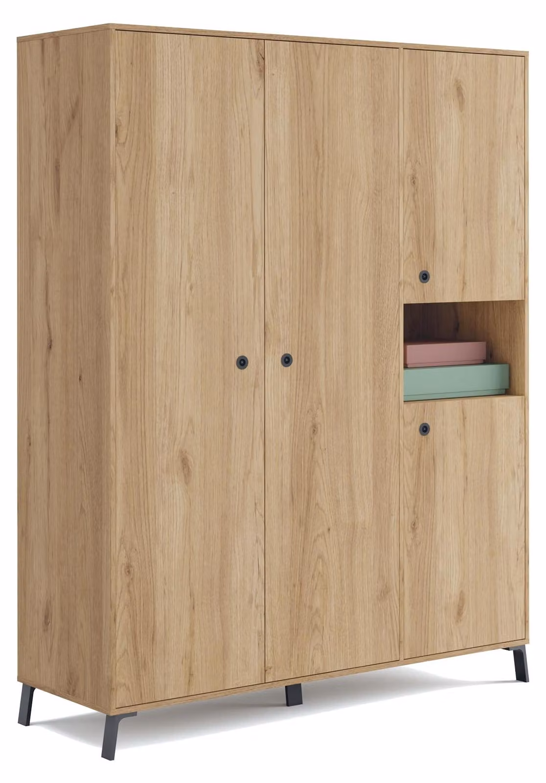 Armadio, 4 ante, impiallacciatura di noce dorata, dimensioni 200x150x55 cm, 4 ripiani