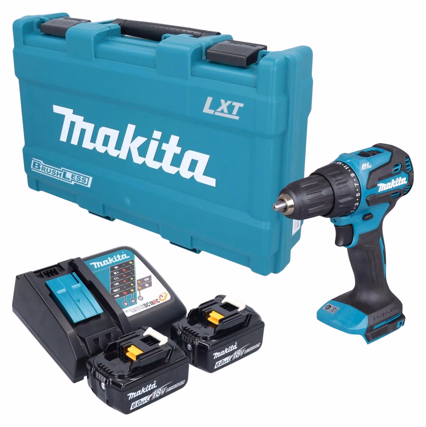 Trapano avvitatore a percussione a batteria Makita DHP 490 RGK 18 V 65 Nm brushless + 2 batterie da 6,0 Ah + caricabatterie + valigetta