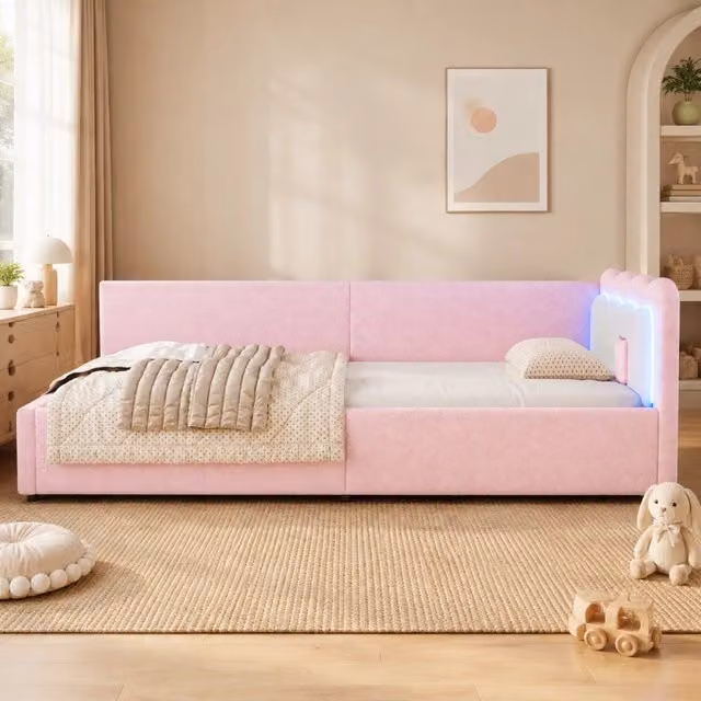 Letto giorno rosa 90x200 cm con LED ambientale e rete a doghe senza materasso