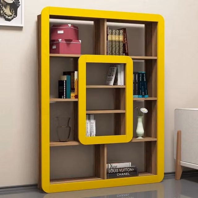 Libreria DMORA Caltrano con 8 Ripiani, Marrone Noce e Giallo, L 108 cm x P 22 cm x H 140 cm – 1
