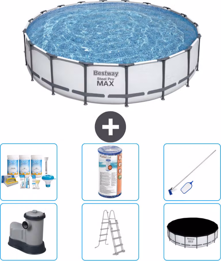 Piscina Bestway Round Steel Pro MAX - 549 x 122 cm - grigio - compresa pompa - scala - copertura pacchetto manutenzione - filtro - kit pulizia