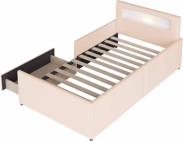 Letto imbottito KOMHTOM in ecopelle beige con cassetti, luce di lettura integrata e porta USB, L/P/H: 90 x 200 x 103 cm