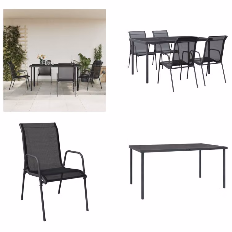 vidaXL Set da pranzo da giardino 5 pezzi in acciaio nero e textilene - set da pranzo da giardino - set di sedute da giardino - set di sedute da esterno - tavolo da giardino