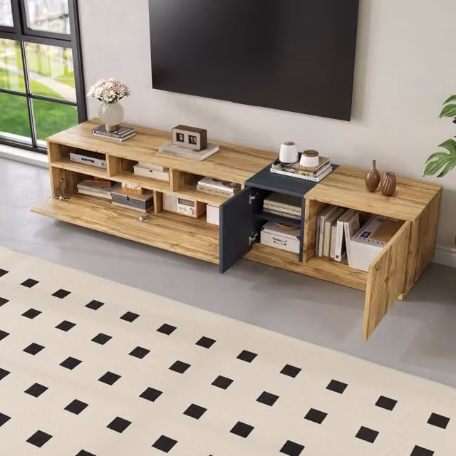 Mobile TV con 3 vani aperti e ante con ripiani in pannello truciolare nero grigio e naturale 200 × 45 × 45 cm
