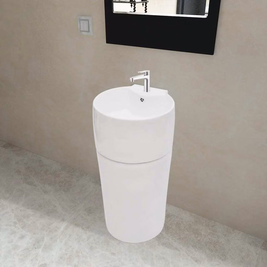 Lavabo a colonna con foro per rubinetto/trabocco in Vetroceramica bianca tonda
