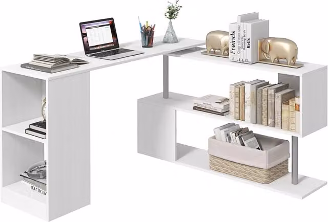 Scrivania angolare moderna con piano girevole e libreria in MDF bianco opaco L/P/H: 140 x 120 x 78 cm