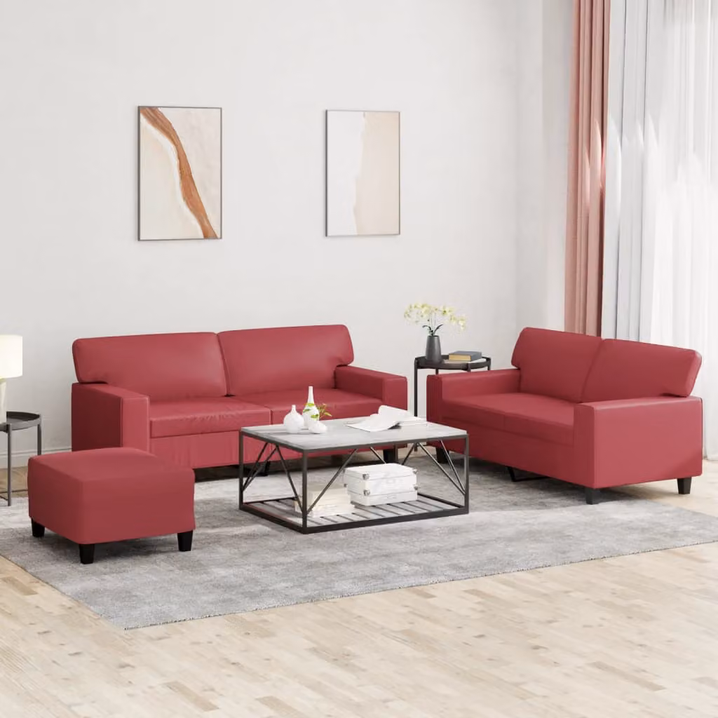 Set di 3 divani vidaXL in similpelle rosso per soggiorno con cuscini inclusi