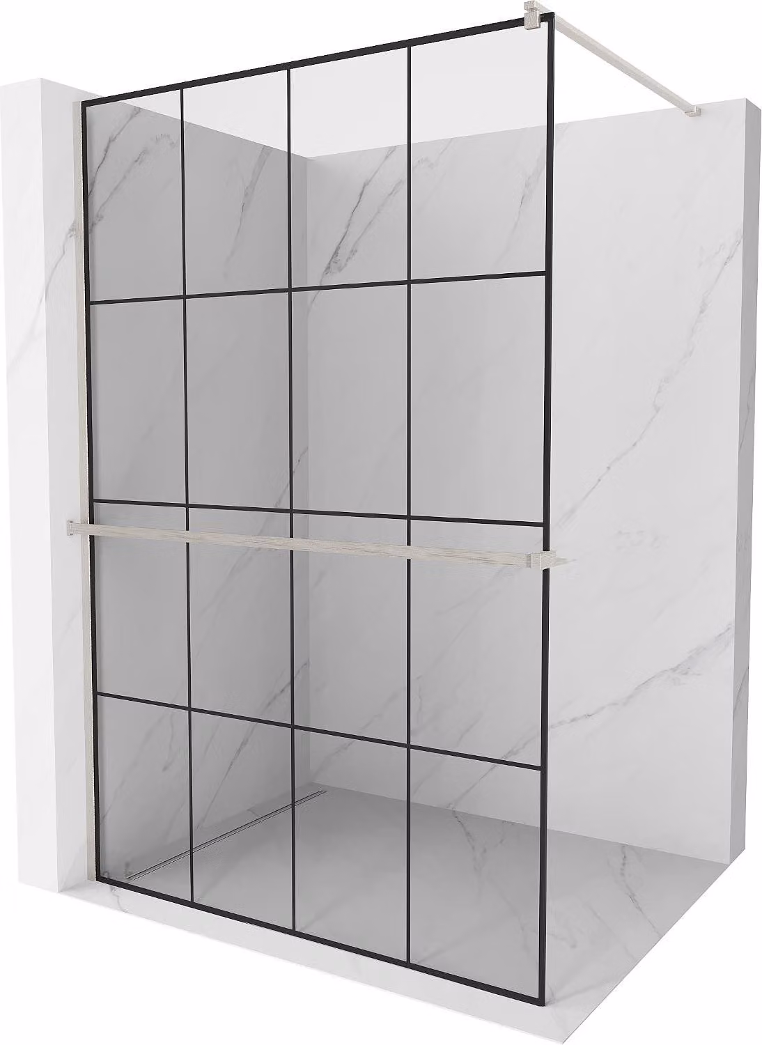 Mexen Kioto+ parete doccia con ripiano Walk-in 130 x 200 cm, griglia nera, nichel spazzolato - 800-130-121-97-77