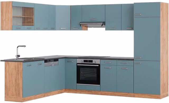 Cucina angolare moderna R-Line Vicco Grigio-blu e Rovere dorato con ante Antracite, L: 287 cm, P: 227 cm