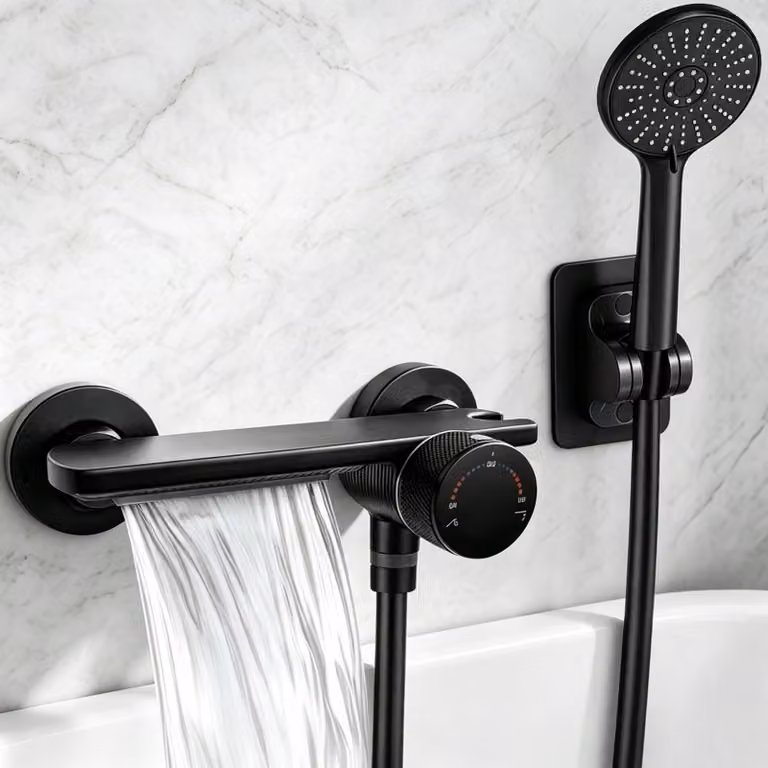 Rubinetto per vasca da bagno, nero, in ottone massiccio, miscelatore a parete con 2 modalità