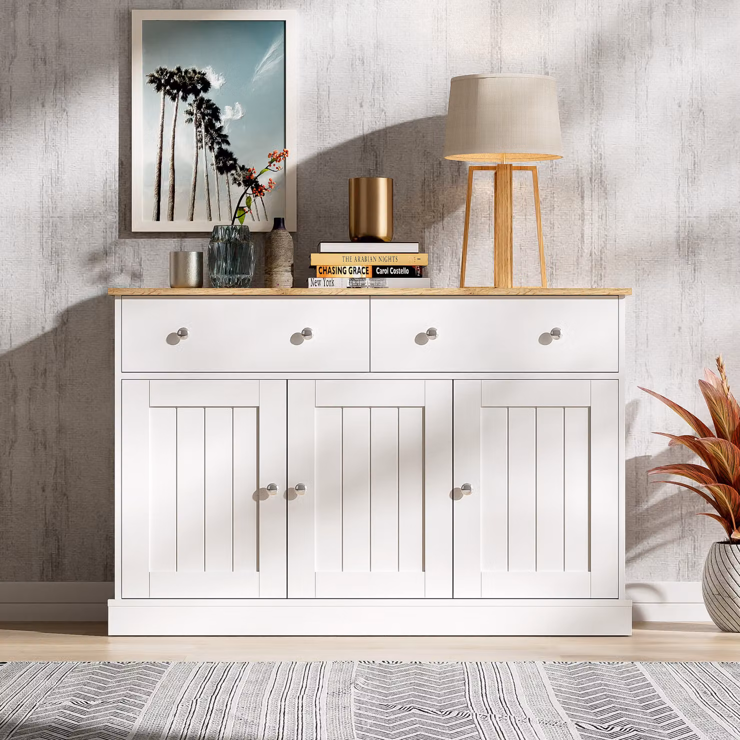 Credenza Fortuna Lai 120 x 36 x 80,5 cm - Mobili da soggiorno con texture incisa - Bianco