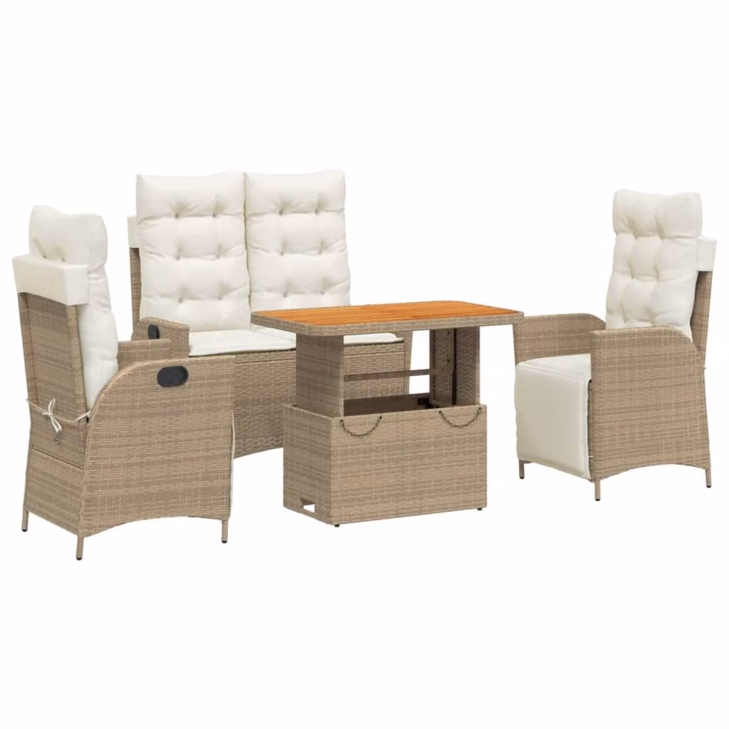 Set da Pranzo da Giardino 4 pz con Cuscini Beige in Polyrattan