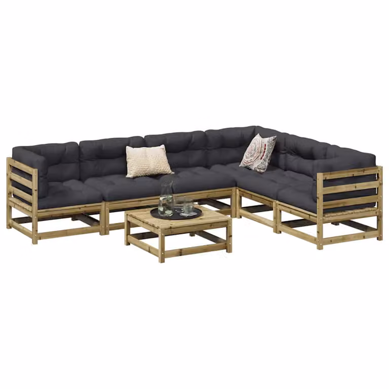 vidaXL Set Divani da Giardino 7 pz in Legno di Pino Impregnato con Cuscini, Colore Marrone e Grigio