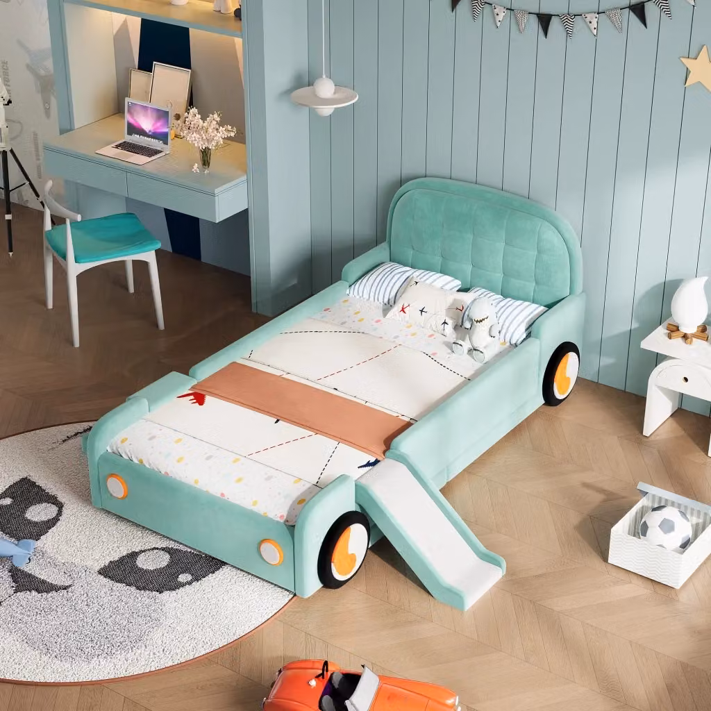 Letto per bambini Mivray a forma di auto con scivolo e scala, rivestito in velluto blu o verde, L/P/H: 200 x 90 x 107 cm – 2