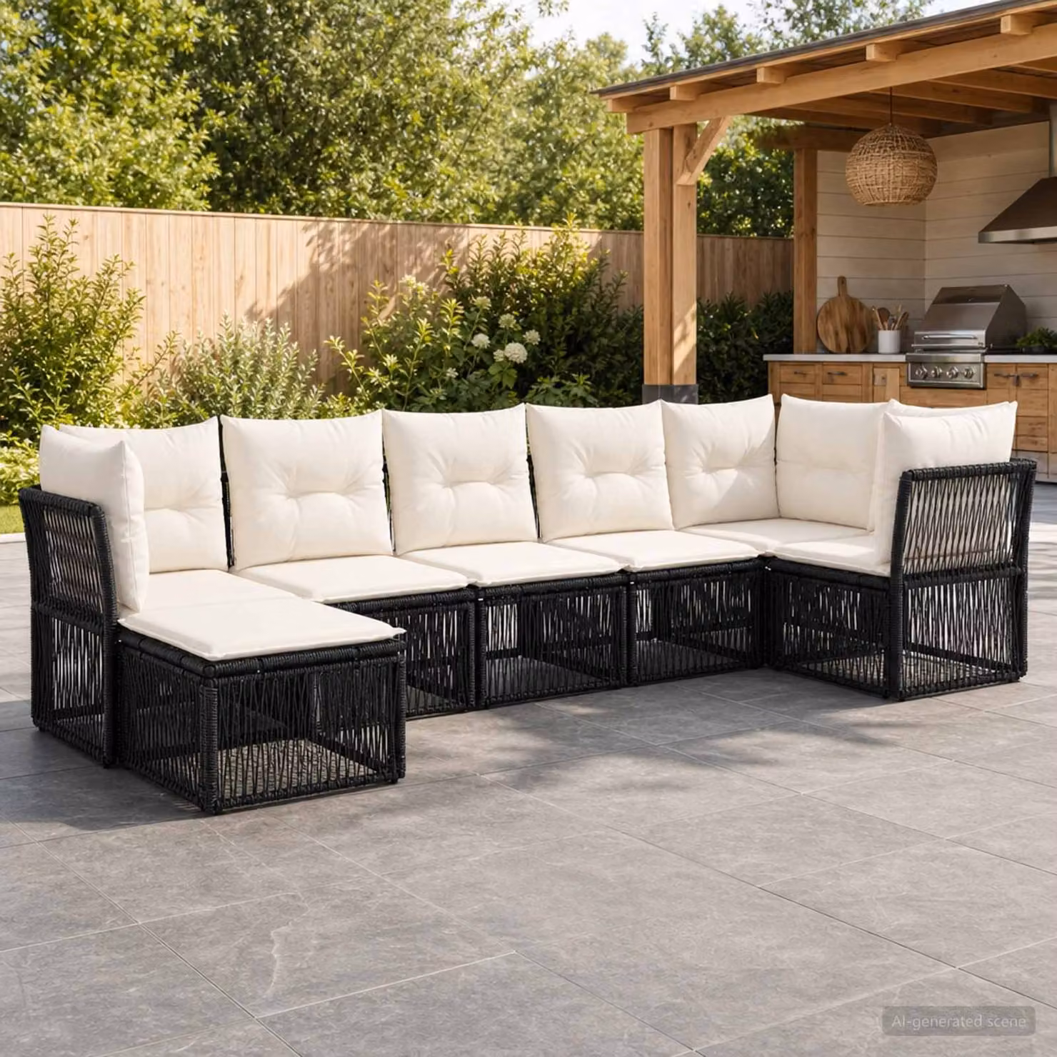 Set Divano da Giardino vidaXL 7 pz Moderno a Forma di L con Cuscini, Struttura in Metallo e Polyrattan, Colore Nero e Bianco
