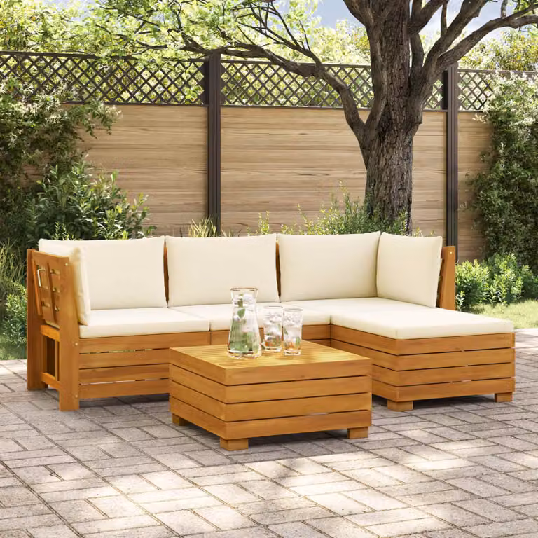 Set di 5 pezzi di divani da esterno vidaXL in legno di acacia massello marrone con cuscini beige e tavolino da caffè per giardino e terrazzo