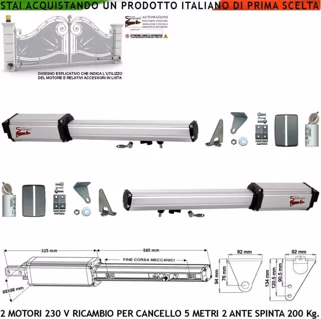 Motori Elettromeccanici Attuatore 230 V Corsa 400 MM Spinta 2 Q.li Ricambio Cancello Automatico 5 Metri 2 Ante 2 Kit Staffe Chiave Sblocco sul Carrello Ogni Elettronica Esistente Condensatori 16 µF