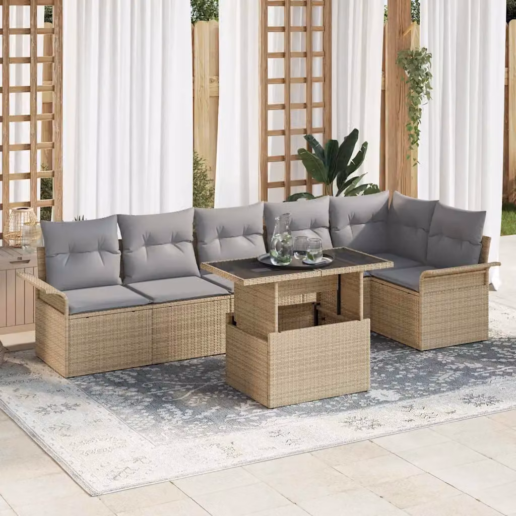 Set Divano da Giardino vidaXL 7 Pezzi in Polyrattan Beige con Cuscini per Terrazza e Giardino – 1