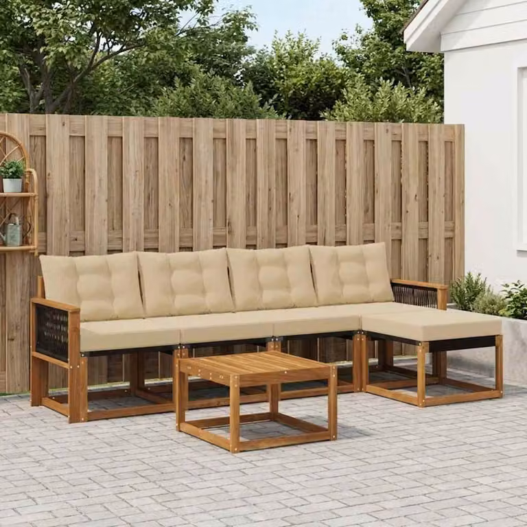 Set di divani da esterno vidaXL 6 pz a forma di L in legno di acacia con tavolino e pouf, colore marrone e beige