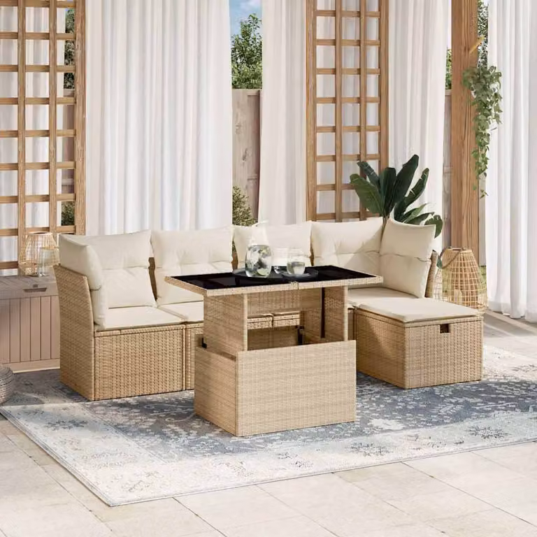 vidaXL Set Divano da Giardino 6 pz a L con Cuscini Beige e Tavolino in Polyrattan e Acciaio